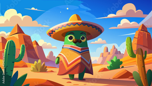 Colorful cartoon cactus characters in a desert landscape