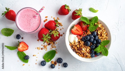 Delicious healthy breakfast bowl with granola fresh strawberries blueberries and a refreshing pink smoothie.