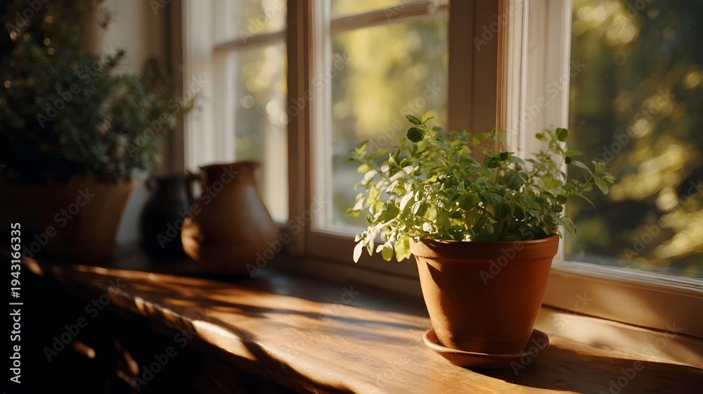 Fototapeta premium Sunlight illuminates a potted plant and rustic ceramic pitchers on a wooden ill