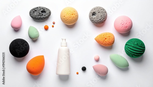 Artistic arrangement of diverse makeup sponges and a spray bottle on a white background.