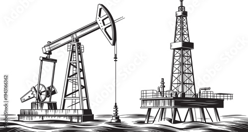 Two black and white oil drilling rigs on a wavy surface with one on land and one offshore