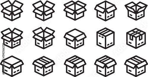 Various black and white box with different open and closed states