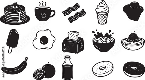 Black and white breakfast food icons on white background