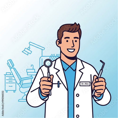 Dentist in white lab coat holding tools.