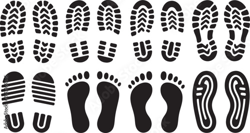 Various black and white footprints and shoe prints on a white background