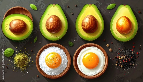 Fresh Avocados and Fried Eggs with Spices for a Healthy Meal Preparation.