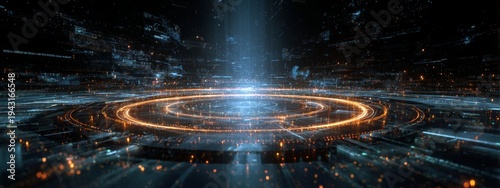 Holographic Portal Opening in Dark Space with Light Trails and Futuristic Elements