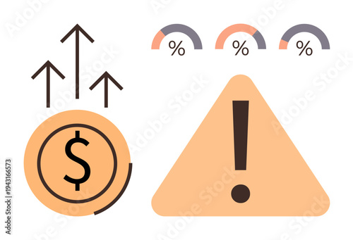 Financial growth, economic risks, warnings, market trends, investment analysis, banking alerts. Rising dollar sign with arrows, percentage indicators and triangular alert symbol. Financial growth