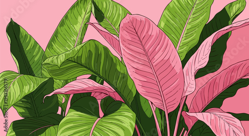 Vector tropical pink and green leaves illustration