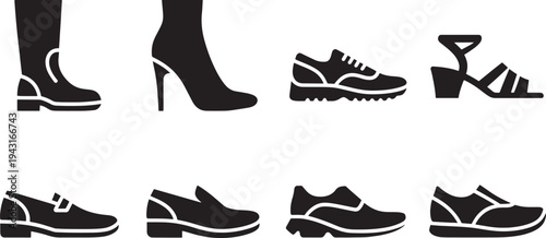 Various types of black and white shoes and feet in different styles footwear heels