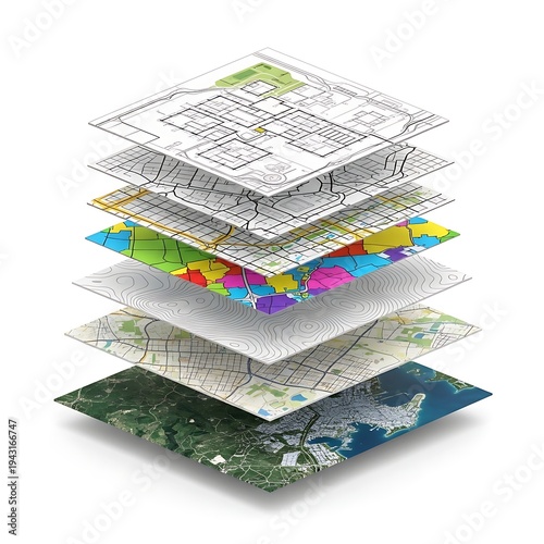 Layered map illustration representing different data representations and geographical information