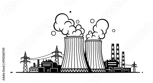 Nuclear Power Plant Illustration Black White.