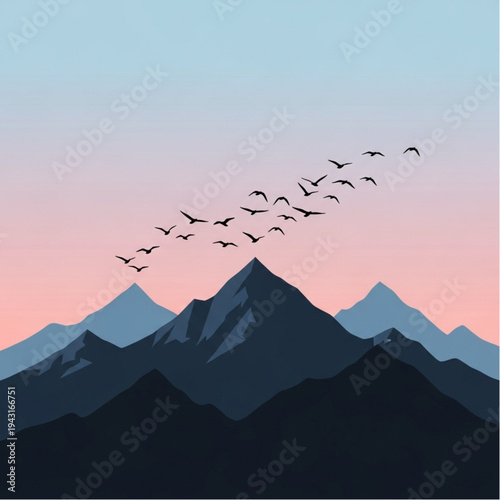 Flock of Birds Flying Over Mountains.