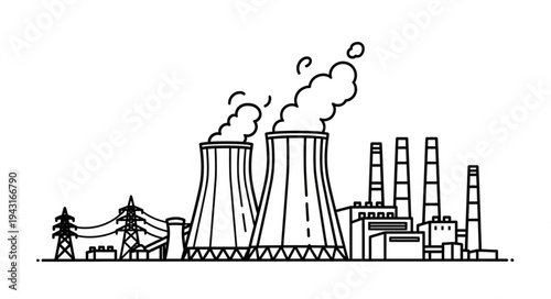 Nuclear Power Plant Illustration Black White.