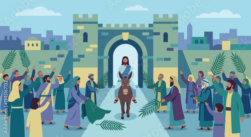 Triumphal Entry

Flat vector illustration of the triumphal entry into Jerusalem, depicting Jesus riding a donkey while people spread palm branches along the road, welcoming crowd on both sides,