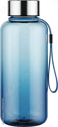 Blue Water Bottle with Silver Cap and Strap