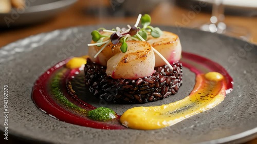 Gourmet dish presentation on a plate with decorative sauce