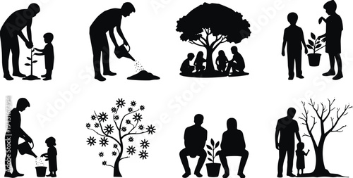 Black silhouettes of people planting trees, watering saplings, and gardening with children, environmental conservation activities, family nature project, and eco friendly lifestyle.