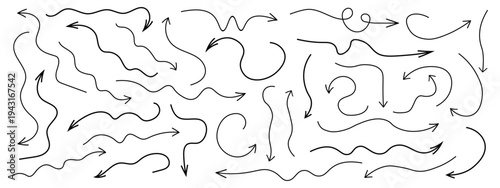 Various black brush drawn curved arrows. Collection doodle marker thick arrows in different directions.,Black pencil arrow, Grunge rough direction shape for design. Vector brush strokes