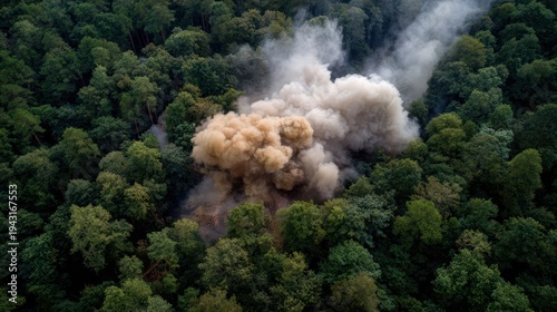 explosion far away in dense forest, smoke drifting through trees 