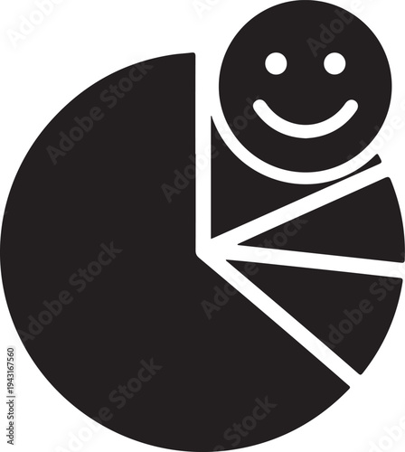Black pie chart with happy face replacing one slice smiley face emotion satisfaction