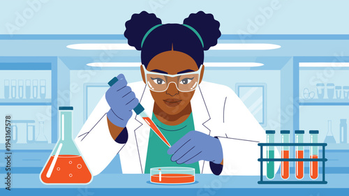 A dedicated female scientist carefully pipetting solution into a petri dish in a modern laboratory