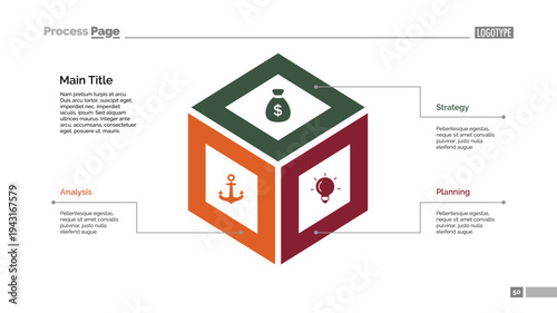 Isometric cube diagram three steps business infographics element text description main title dark style with icons vector illustration
