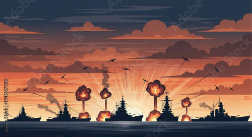 Naval Battle Scene at Sunset.