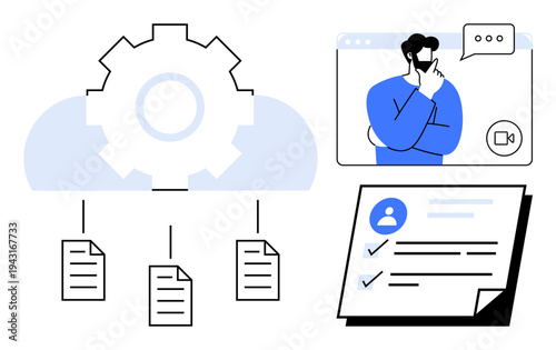 Gear and cloud symbolizing automation, files connected below, person on video call, and checklist. Ideal for cloud computing, automation, teamwork, task tracking, remote work digital tools simple