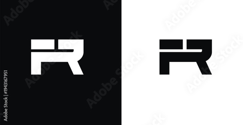 A stylized letter R logo presented in both black and white colors on contrasting backgrounds