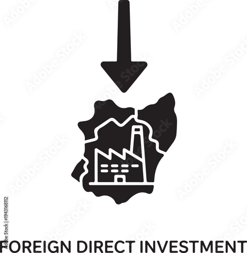 Black factory on map shape with downward arrow and text industry manufacturing building industrial d