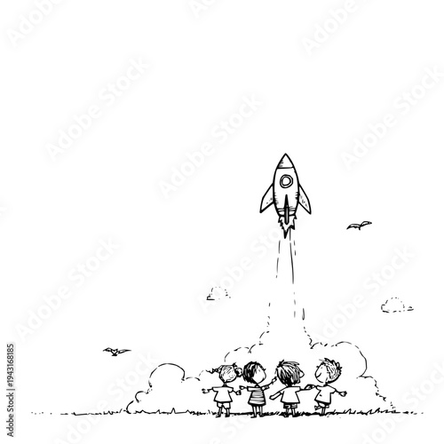 Children Watching Rocket Launch into Sky