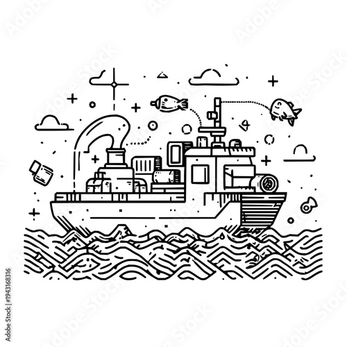 Cargo Ship Sailing on Ocean with Surrounding Icons