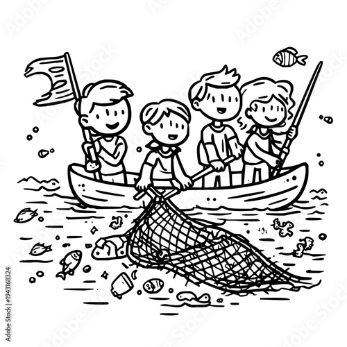 Children Fishing in Boat with Net and Flag