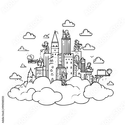 Fantasy Cityscape on Clouds with Cartoon Characters