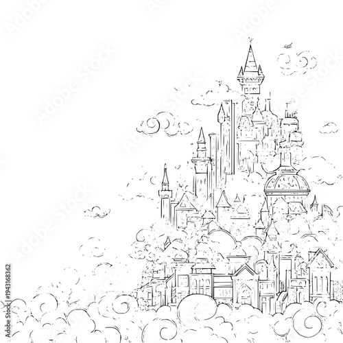 Fantasy Castle Floating on Clouds with Towers and Spires