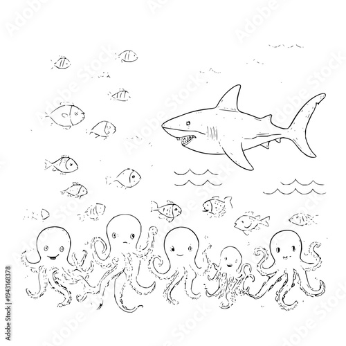 Shark Swimming with Smiling Octopuses and Fish Underwater