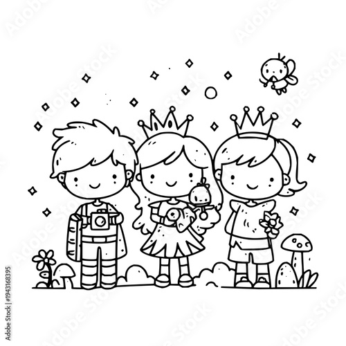 Three Kids Wearing Crowns Playing Outdoors with Teddy Bear and Flowers