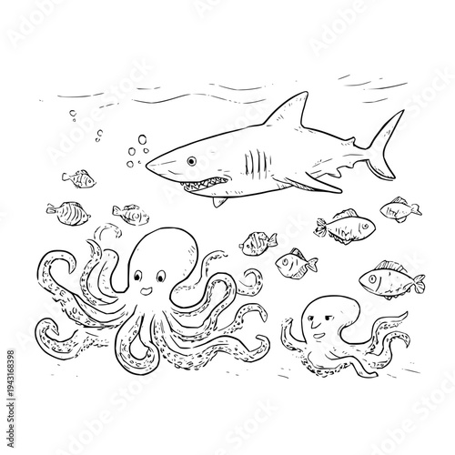 Smiling Shark and Octopuses Swimming Underwater with Fish