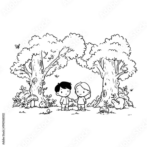 Two Children Standing in Forest with Trees and Foliage