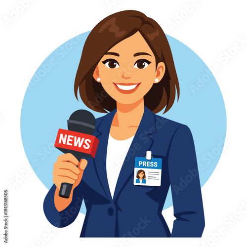 Female Journalist with Microphone and Press ID