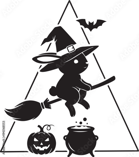 Cute black silhouette of a bunny witch flying on a broomstick with a bat, pumpkin and cauldron for halloween