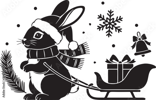 Christmas bunny in Santa hat and scarf pulling sleigh with fir branch and snowflake