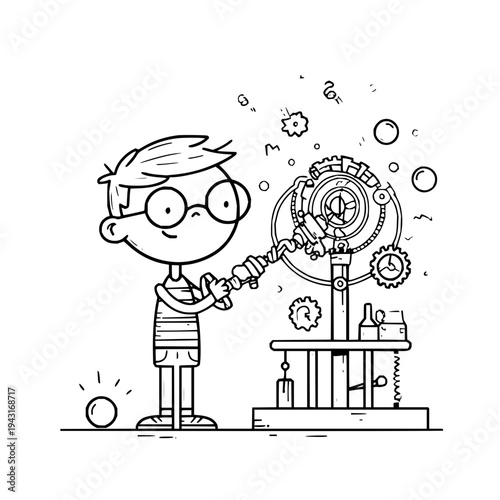 Boy Inventing Machine with Gears