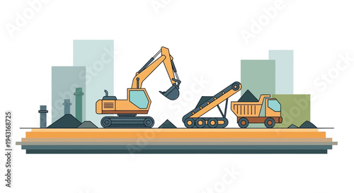 Construction Equipment Excavator and Dump Truck.