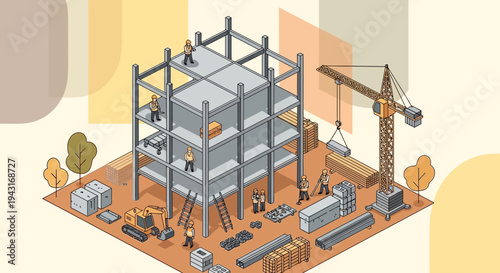 Building Construction Site with Crane and Workers.