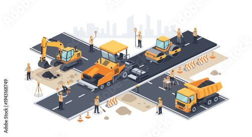 Construction Site Roadwork with Vehicles and Workers.