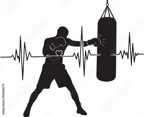 Boxing silhouette of male fighter punching heavy bag with heart beat line and pulse waveform representing fitness and endurance