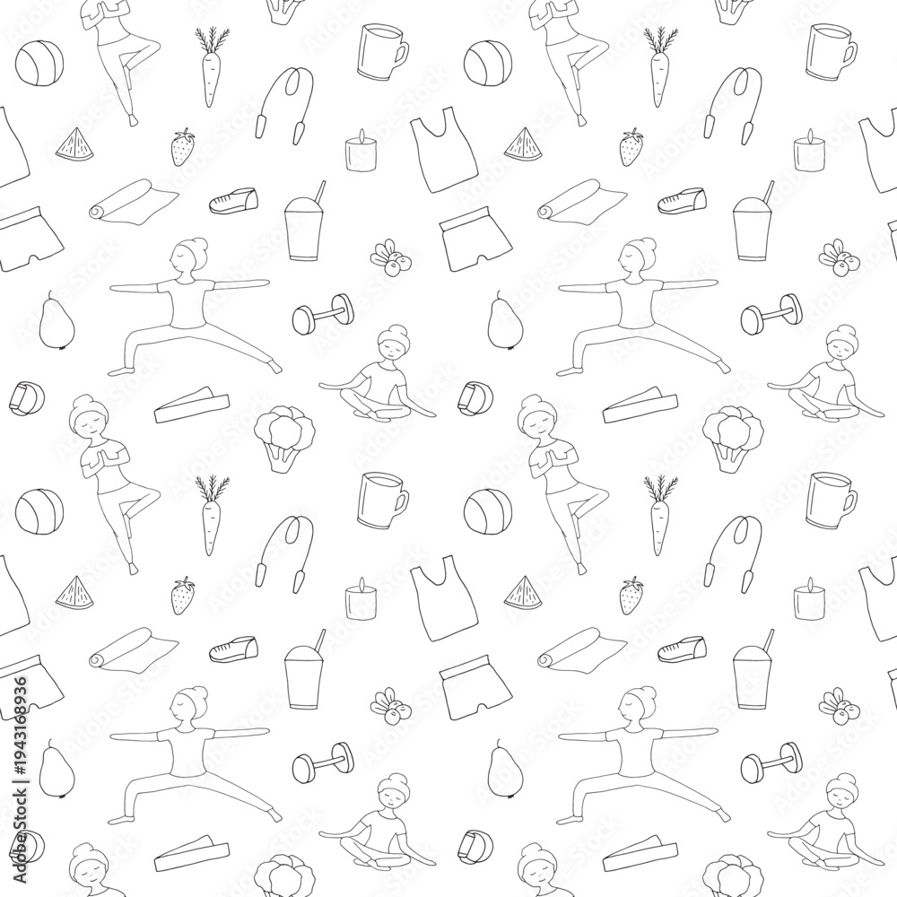 Obraz premium Seamless Pattern with Yoga Poses and Healthy Lifestyle Doodles: Fitness Background