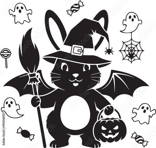 Cute rabbit dressed as witch for halloween holding broom and pumpkin basket surrounded by ghosts